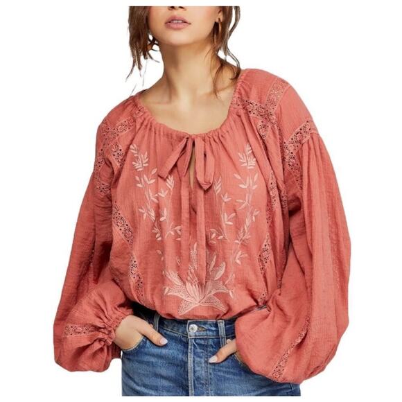 Free People Maria Crochet Embroidered Long Sleeve Boho Blouse Top Size Small - Picture 1 of 7
